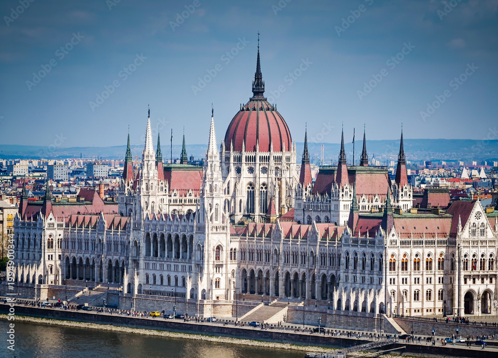Fototapeta premium Hungarian Parliament Building, Parliament of Budapest. Aerial drone view of Budapest architecture, stunning historic building from above.