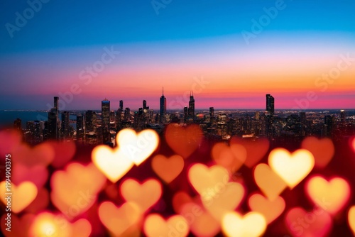 City Skyline at Sunset With Heart-Shaped Bokeh Lights in the Foreground and a...