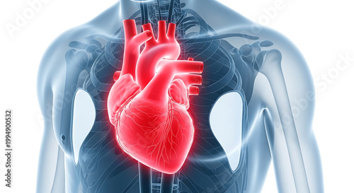 A medical illustration of a human body with a highlighted red heart and skeleton