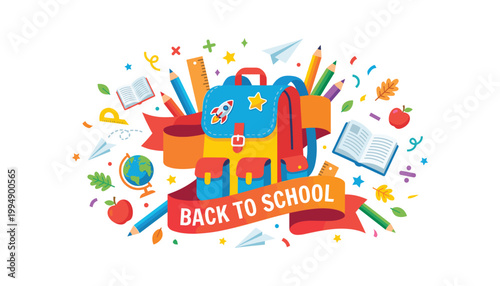Back to school concept vector illustration with backpack, books, pencils, globe and other school supplies.