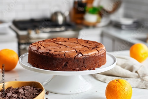 Chocolate Cake Sits on a Stand Next to Oranges in a Kitchen Setting at Daytime