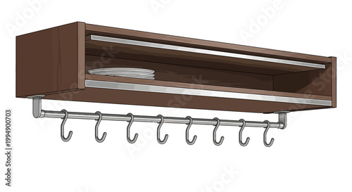 Wooden wall shelf with metal hooks and storage space