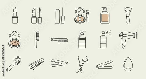 Vector Outline Icons Set for Beauty, Makeup, and Hair Care Products and Tools Collection