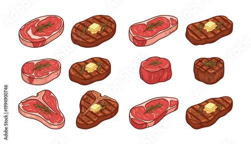 Assortment of cooked and raw steak cuts with herbs and butter on transparent background, vector food illustration.