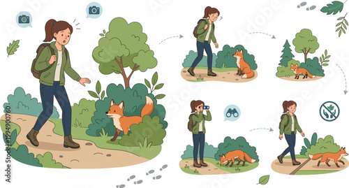 Girl Hiking in Nature Encountering Wild Fox with Tips for Responsible Wildlife Observation and Forest Safety for Educational Infographics and Outdoors Guides