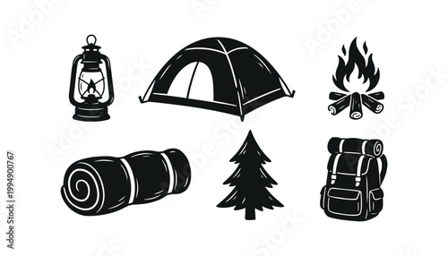 Vintage camping equipment set vector illustration transparent background includes lantern tent campfire sleeping bag pine tree backpack.