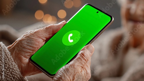 Ältere Hände halten ein Smartphone mit leuchtendem grünen Telefon-Symbol auf dem Bildschirm