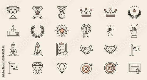 Modern Outline Icons Representing Business Success, Achievement, Growth, and Award Recognition