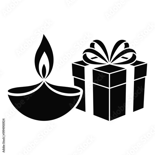 Traditional oil lamp and gift box icon with Happy Diwali concept.