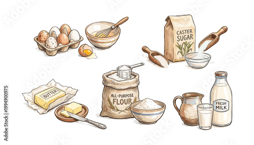 Fresh baking ingredients collection: eggs, milk, butter, flour, sugar, and utensils for cooking delicious homemade pastry and sweets isolated on a white background.