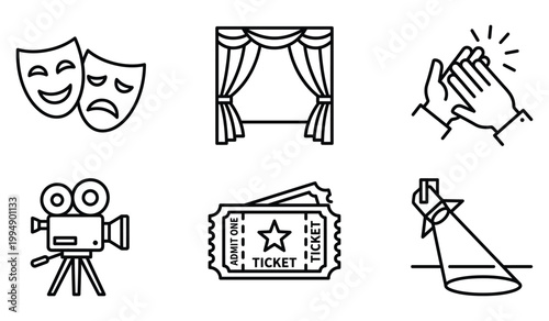 Performing arts and theater entertainment icon set with performance entertainment applause spotlight production stagecraft