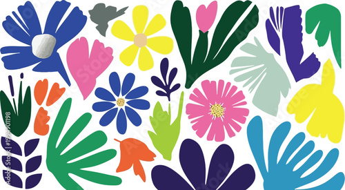 Assorted vibrant flowers and leaves in a playful abstract style on transparent background.