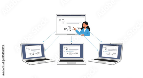 Online Education Concept Illustration with Female Teacher and Math Formula on Multiple Laptops for Virtual Classroom and Distance Learning