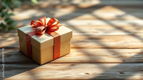 Gift box with red ribbon on wooden table outdoors