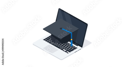 Isometric Laptop and Graduation Cap Illustration for E-learning and Online Education Concept