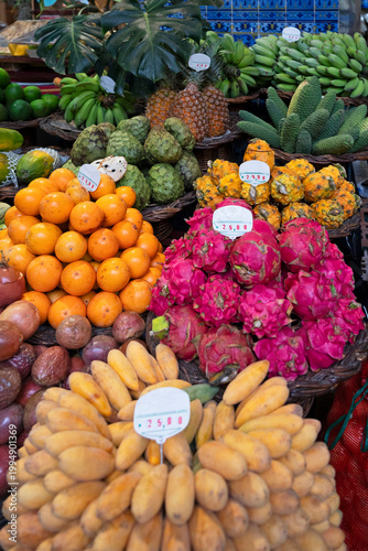 Maracuja tropical fruits (passion fruit) on the market, Madeira island, Portugal, Funchal