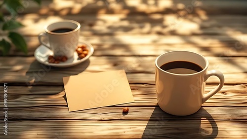Two cups of coffee on a rustic wooden table outdoors