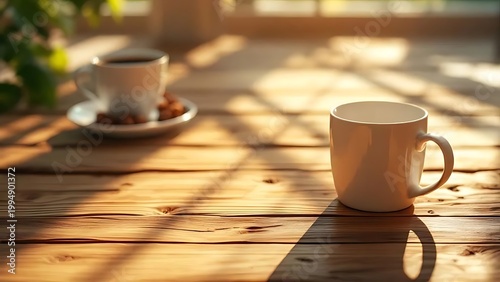 Two cups of coffee on a rustic wooden table outdoors