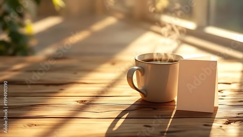 Steaming cup of coffee on a wooden table by a window