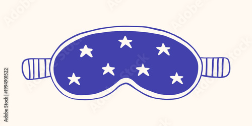Vector mediterranean navy blue hand drawn outline sketch monochrome doodle cute sleep mask with star pattern. Cozy travel night rest accessory illustration for vacation, flight and relaxation theme.