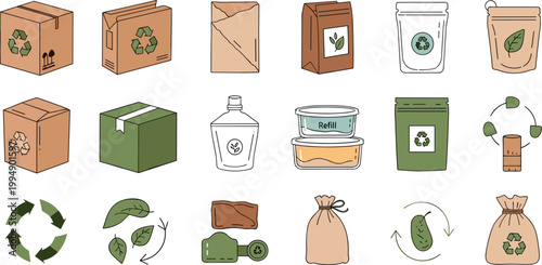 Eco packaging and recycling icons set with sustainable containers, reusable bags and zero waste symbols in flat style for green design