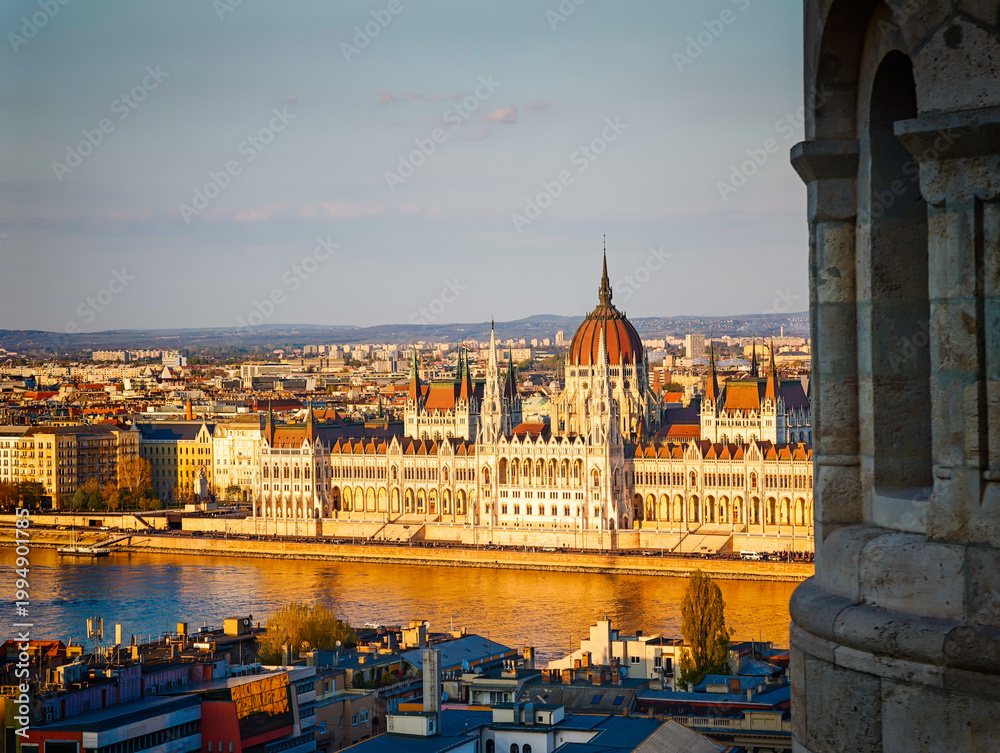 Fototapeta premium Aerial drone view of Hungarian Parliament and Budapest architecture, stunning historic building from above, European cityscape, iconic landmark