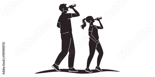 vector silhouette of a man and woman tourists standing drinking water on a white background .Generative AI .vector