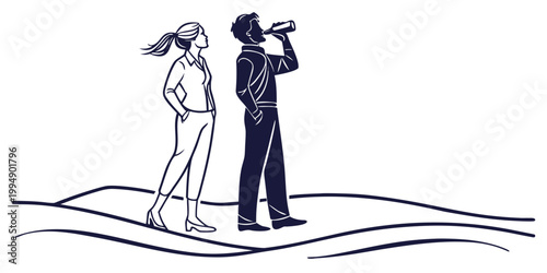vector silhouette of a man and woman tourists standing drinking water on a white background .Generative AI .vector