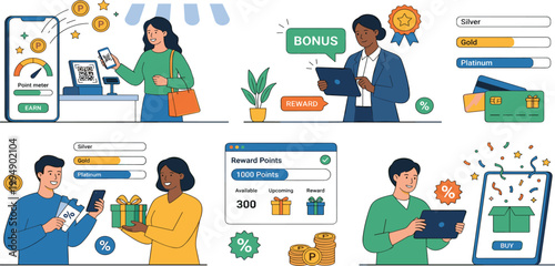 Customer loyalty program and reward points set with people using mobile apps for shopping discounts, bonuses, gift boxes, and membership level status.