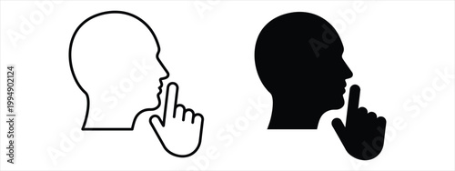 Minimalist silence icon set, human head profile with finger on lips gesture, quiet and secret symbol vector, black and white shhh sign for web design