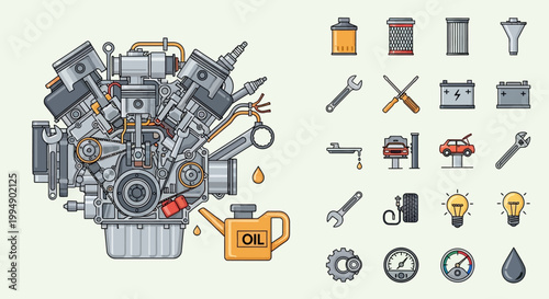 Collection of car engine parts tools.