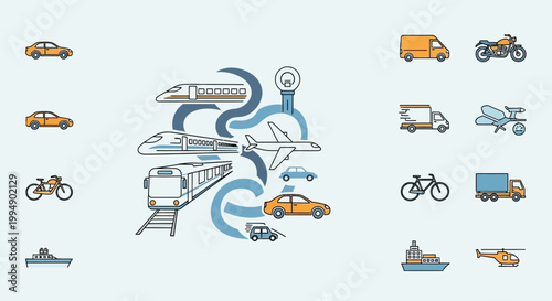 Various Transportation Vehicles Icon Set.