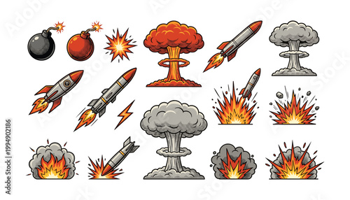 Explosion icons bombs rockets and nuclear clouds vector set illustration transparent background war and destruction theme.