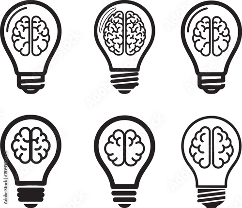 Brain Inside Lightbulb Icon Set Mental Health Concept Creative Idea Symbol Psychology Intelligence Innovation Brainstorming Mind Power Flat Vector Illustration