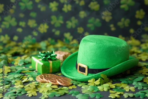 Celebration of St Patricks Day With Green Hat, Coins, and Gift on a Bed of Sh...