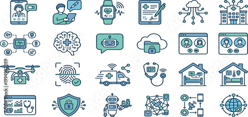 Digital health and telemedicine icon set featuring medical technology, remote patient monitoring, data security, and modern healthcare connectivity concepts.