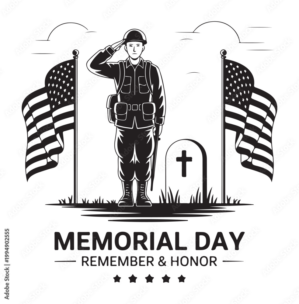 Fototapeta premium American Soldier Saluting at Cemetery on Memorial Day