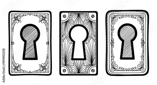 Decorative keyhole designs with ornamental frames in black and white