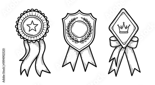 Hand-drawn award ribbons and shields with iconic symbols