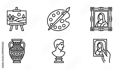 Set of fine arts and museum icons including easel painting palette bust sculpture and framed artwork with sculpture, painting