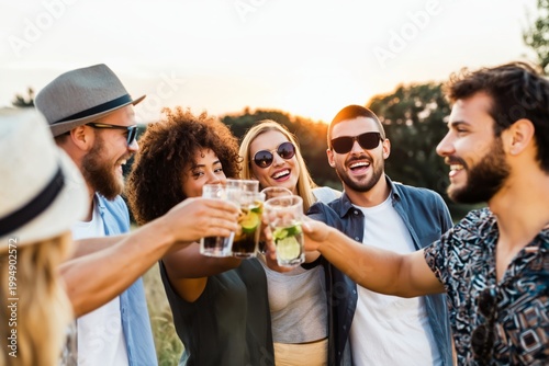 Friends Celebrate at Sunset With Drinks Outdoors in a Joyful Gathering