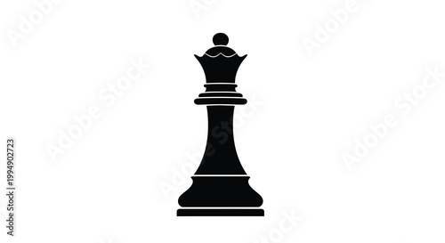 A stark black silhouette depicts a chess queen standing prominently on a plain white background isolated high quality