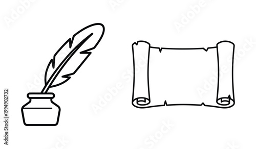 Vintage writing equipment icons featuring feather quill inkwell and old parchment paper scroll parchment calligraphy document