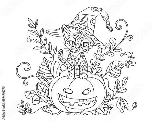 Halloween Witch Cat on Pumpkin Zentangle Coloring Page for Adults