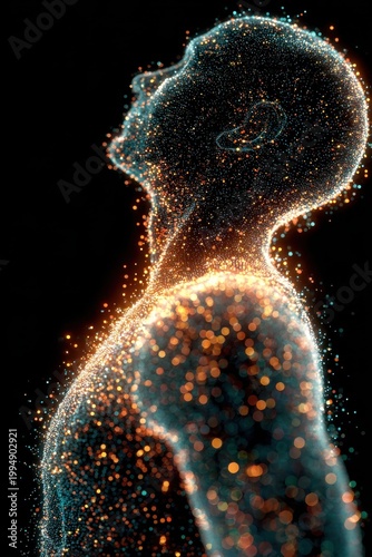 Human silhouette made of glowing orange teal data particles on dark background digital concept