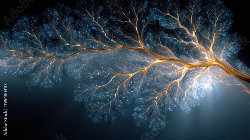 Abstract algorithm flow with branching light paths in blue and gold on dark background