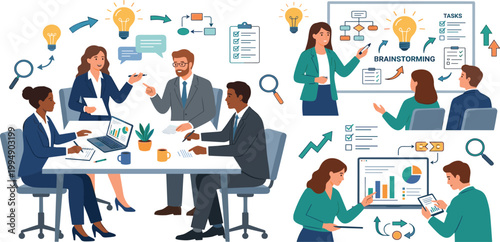 Diverse professional business team engaged in brainstorming, strategic planning, and data analysis in a modern office environment.