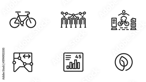 Bike-themed Icon Array: An array of bike-related icons, each representing different aspects of cycling, from transportation to environment, create a useful symbolic.