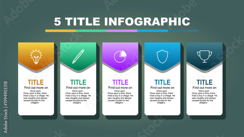 Vector infographic template with 5 title columns and icons. Business report layout for corporate presentation, comparison chart, marketing strategy, timeline steps, and information design.