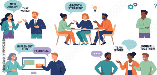 Diverse professional team collaborating on business growth strategy, innovation, and teamwork in a modern office environment illustration.